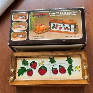 Hand-Painted Strawberry Tile Coaster Set with Wooden Holder - Red & Green